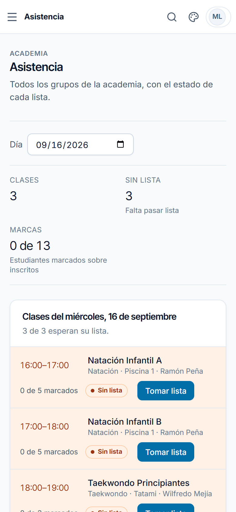 AQUORA en el celular: clases del día con el botón para tomar lista