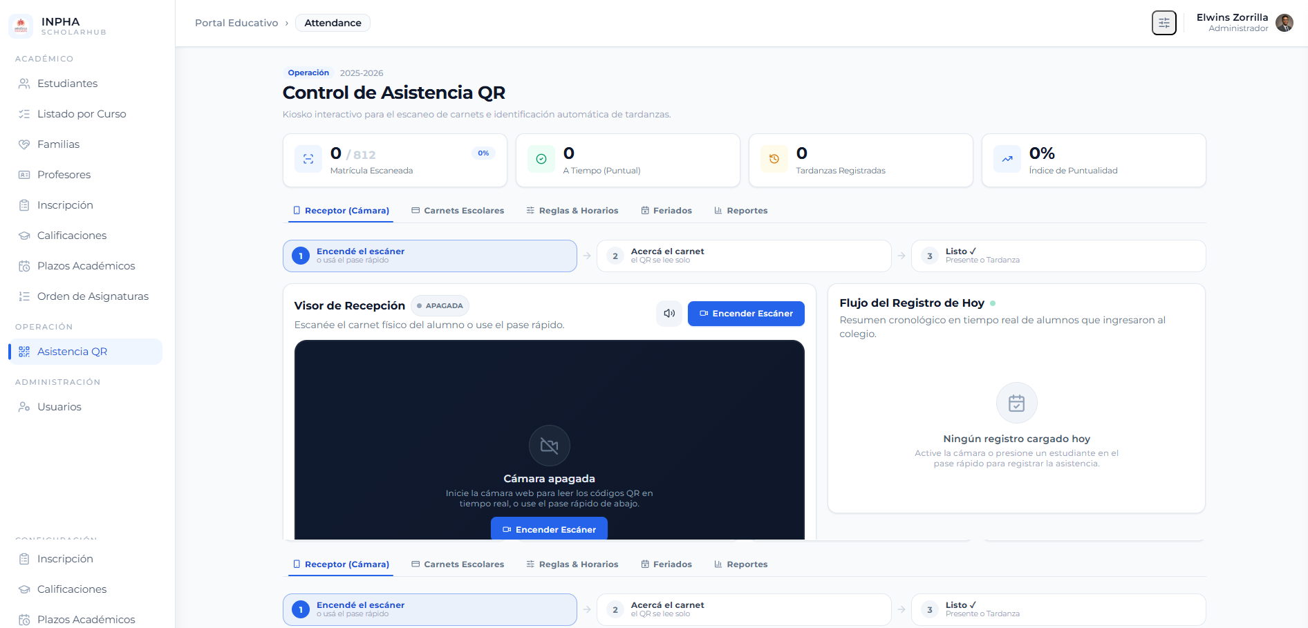 Kiosko de asistencia por QR de Schoolar, escaneo de carnet y registro automático de presentes y tardanzas